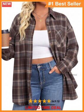 Womens Plus Size Flannel Shirt Long Sleeve Button Down Plaid Top